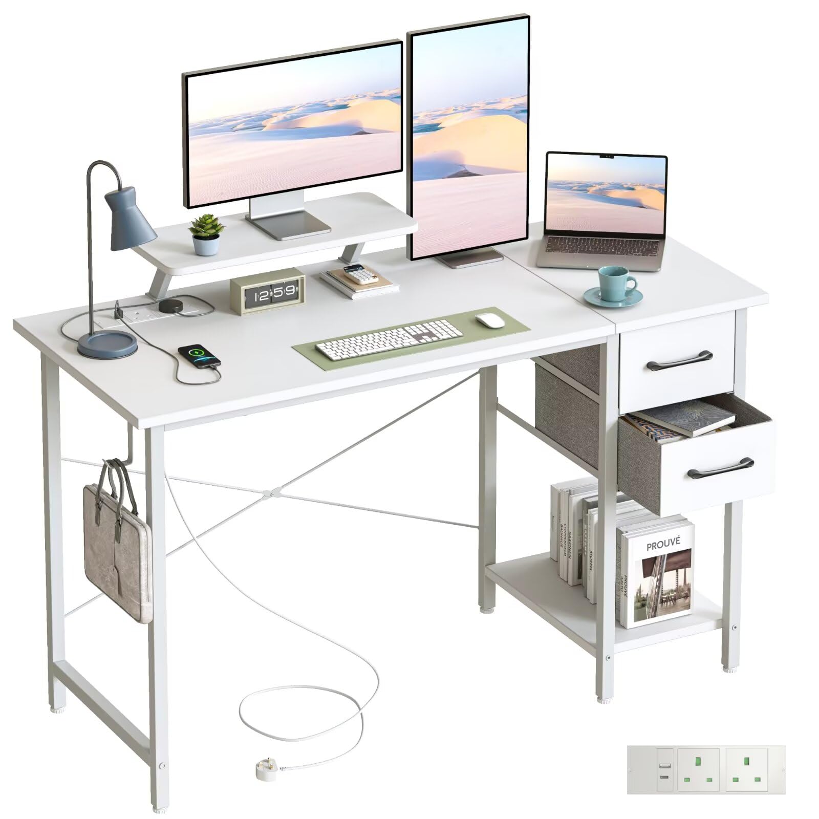 DOMSHOCT Computer Desk with Drawers & Power Outlets, 120*50cm Home Office Desk with Monitor Stand, Gaming Table with Reversible Storage Shelf & Hook, Small PC Workstation for Study Work Write, White