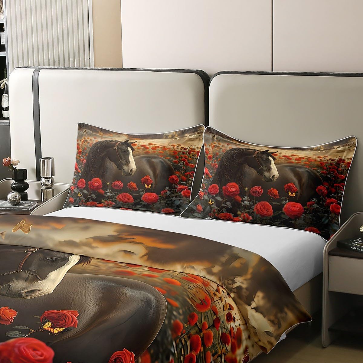 Feelyou Horse Bedding Set Queen, Galloping Horse Duvet Cover 100% Cotoon Rose Horse Comforter Cover for Kids Toddler Black Horse Bedspread Cover Kids Room Decor Bedclothes