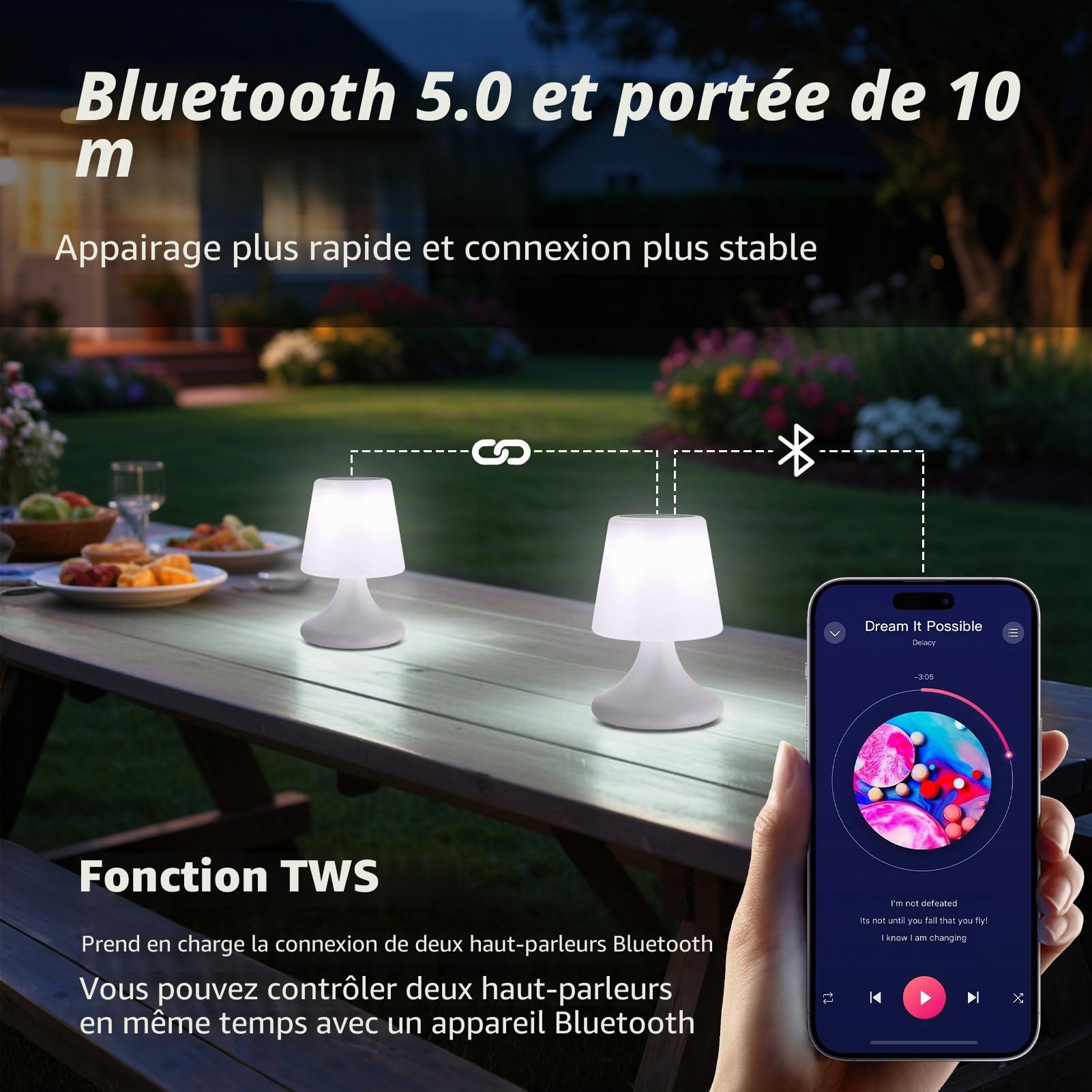 MALUX Lot de 2 lampes de table avec haut-parleur LED sans fil et batterie - Haut-parleur étanche sans fil - Pour chambre à coucher, salon, terrasse, jardin