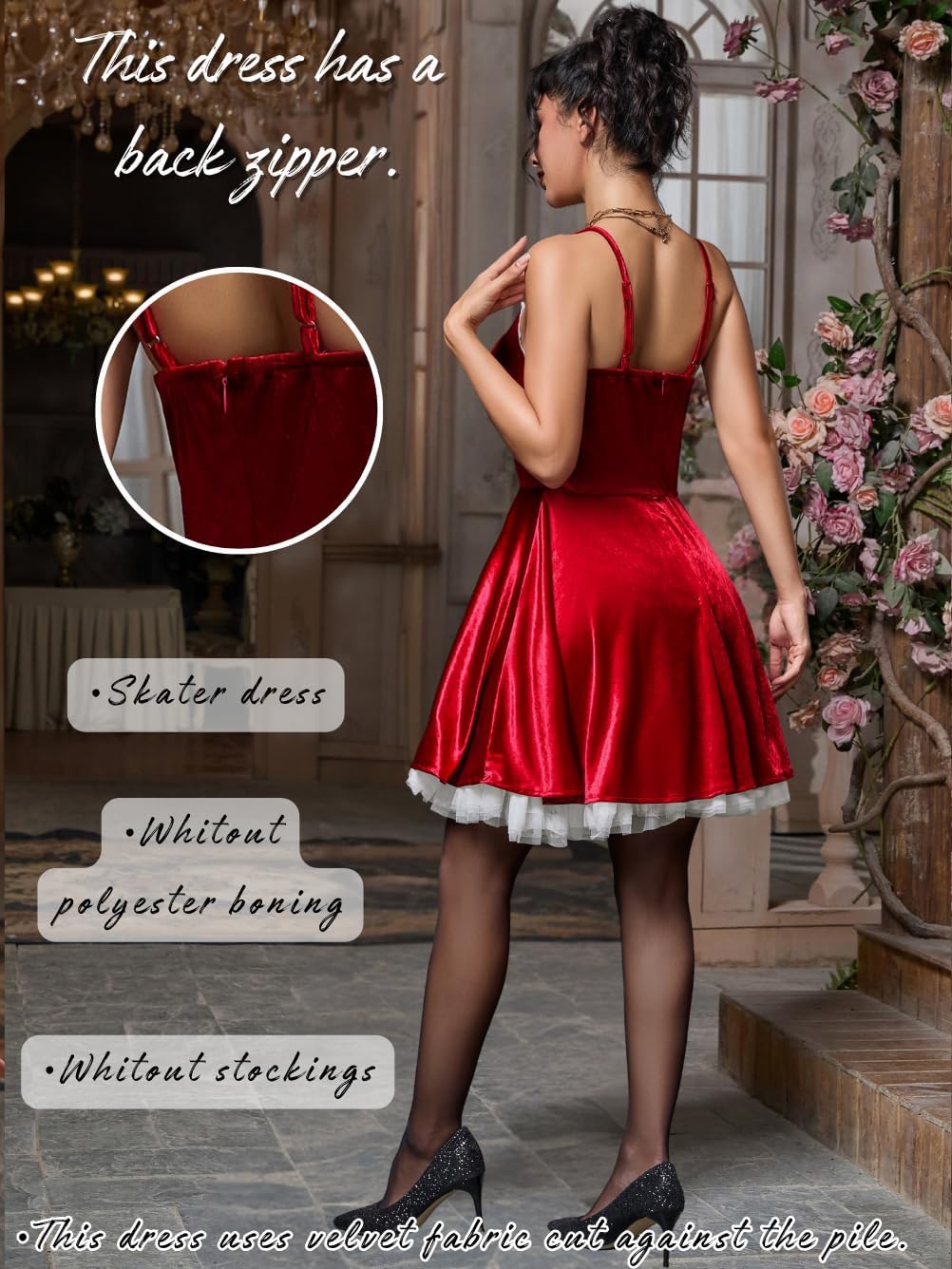 Women's Valentine Velvet Dress, Sexy Spaghetti Straps A-Line Swing Mini Party Dress with Lace Trim