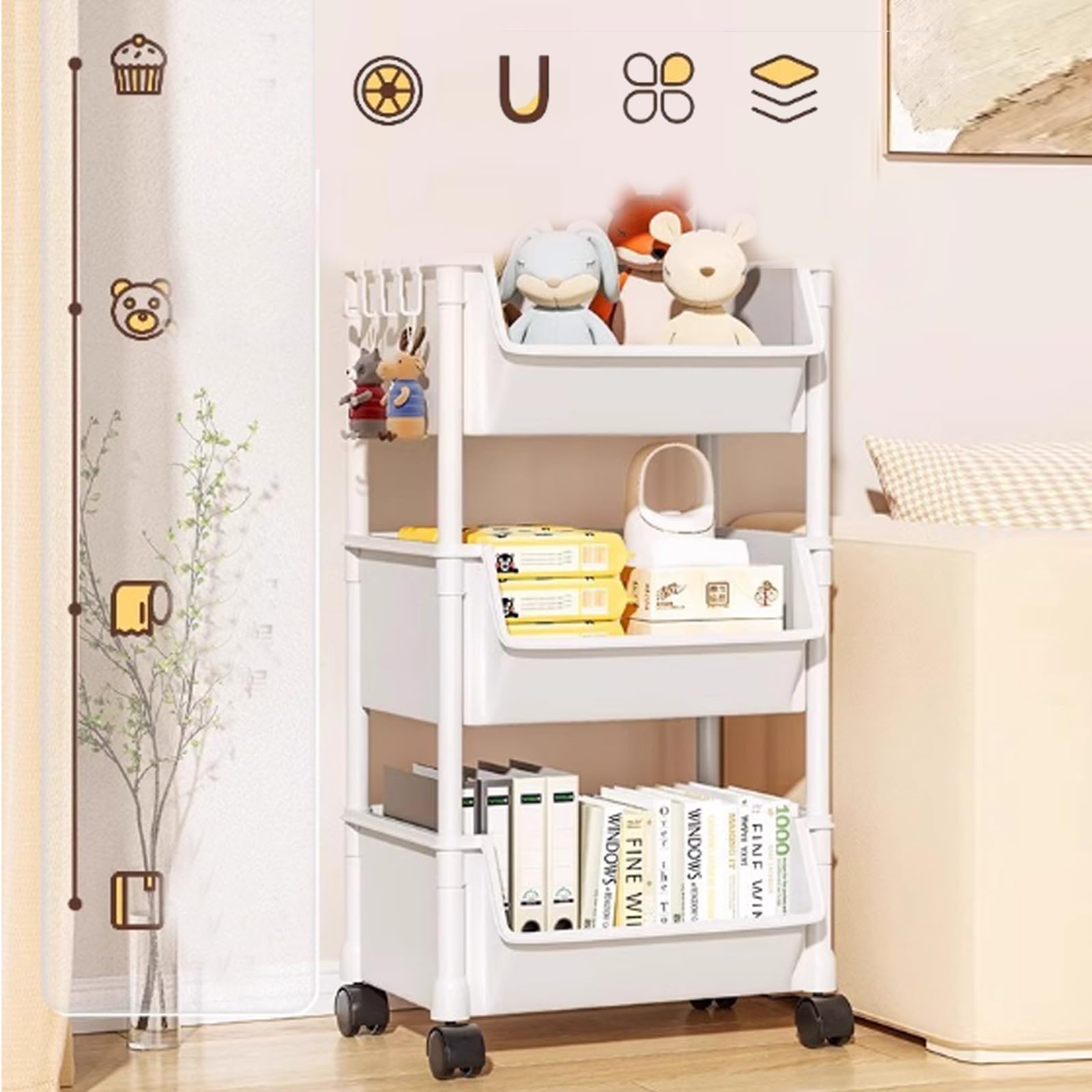 Carrello portaoggetti in plastica con cassetto a 3 ripiani, multifunzione, per cucina, bagno, organizer mobile con ruote