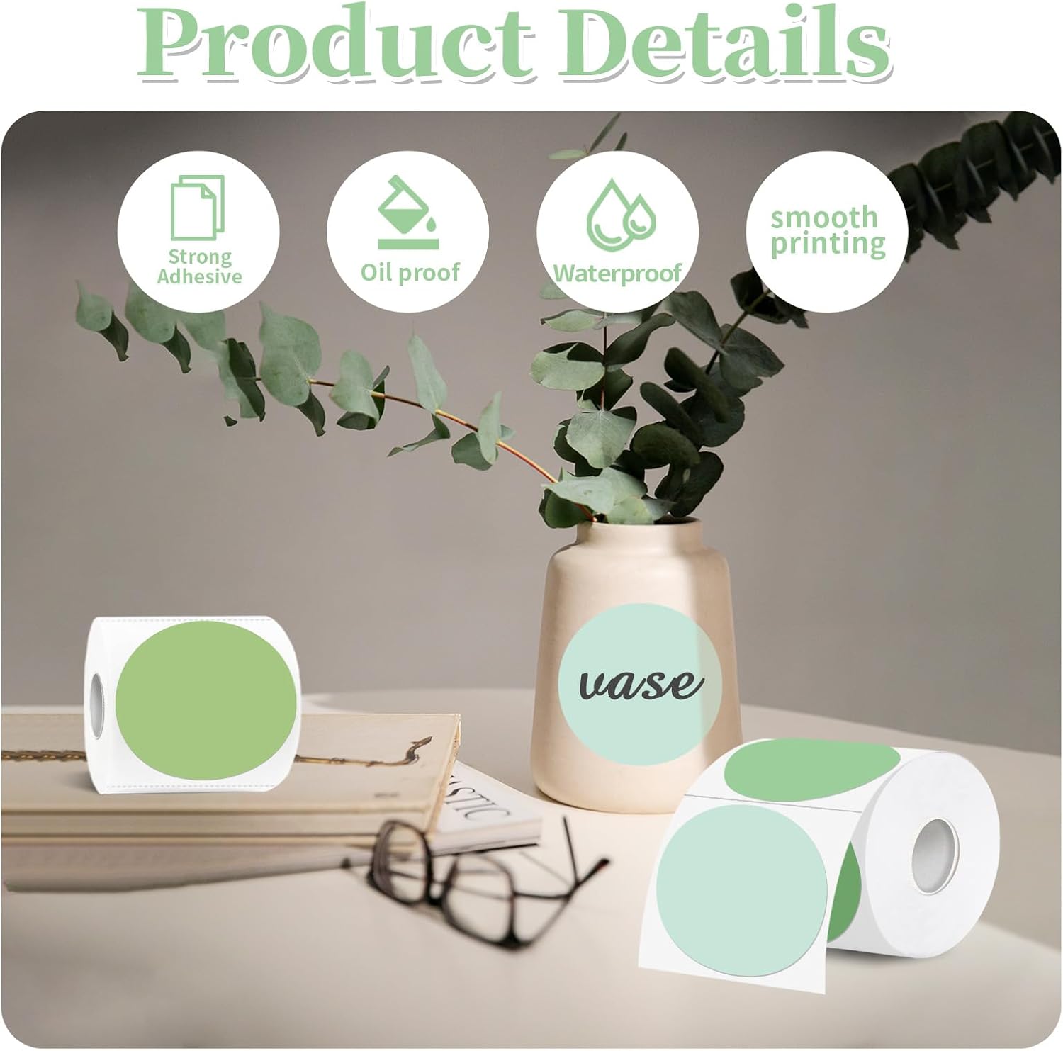 Thermal Label,3 Inch Green Gradient Round Thermal Printer Sticker,Self-Adhesive Round Direct Thermal Labels,Thermal Stickers for DIY Logo Design,Name Tag (300 Labels/1 Roll) - Image 3
