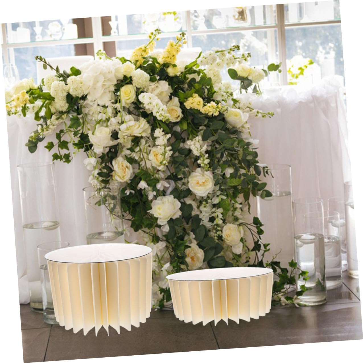 2pcs White Cylinder Cake Pedestal Stand Set, Foldable Paper Column Table Stands for Party and Wedding Centerpiece Decoration, 30cm Diameter X 20cm 40cm Height