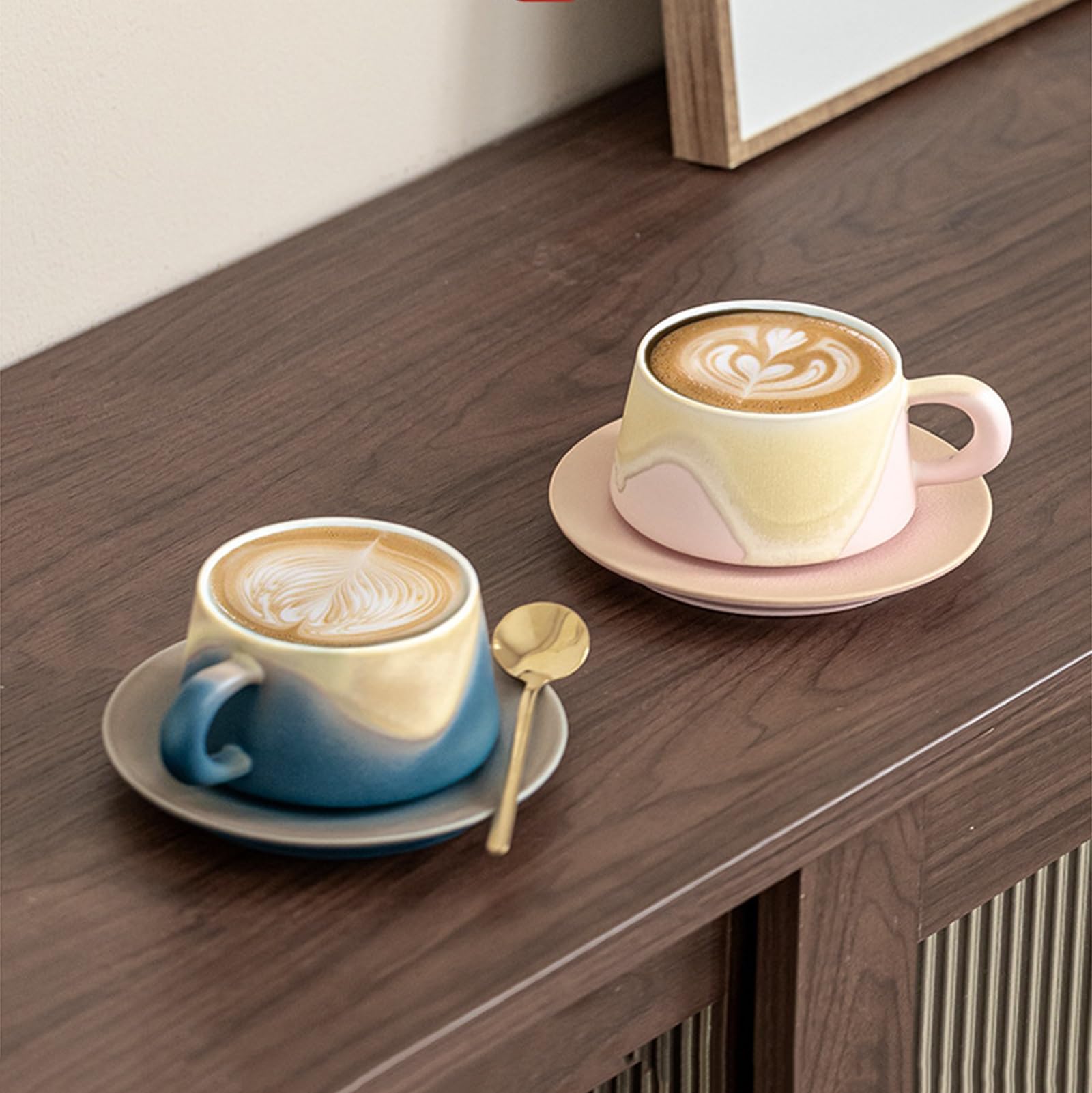 Ceramiczny kubek do espresso i spodek, z pasującym spodkiem i złotą łyżką, ceramiczny kubek na wodę, kubek do herbaty 237 ml (pomarańczowy)