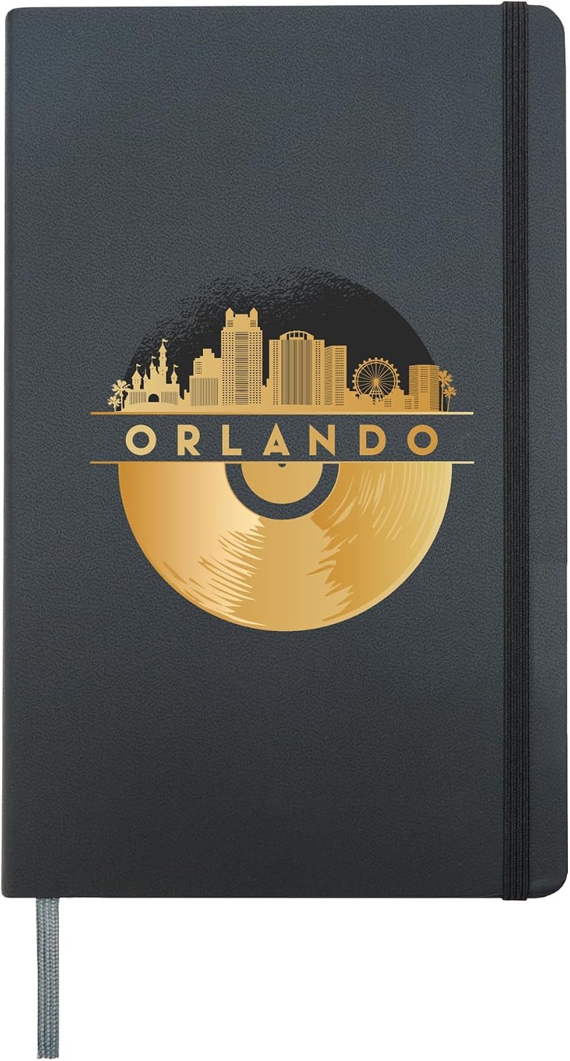 Vinyl-Record-Player Disco-Music Skyline-Orlando Hardcover Journal, Black