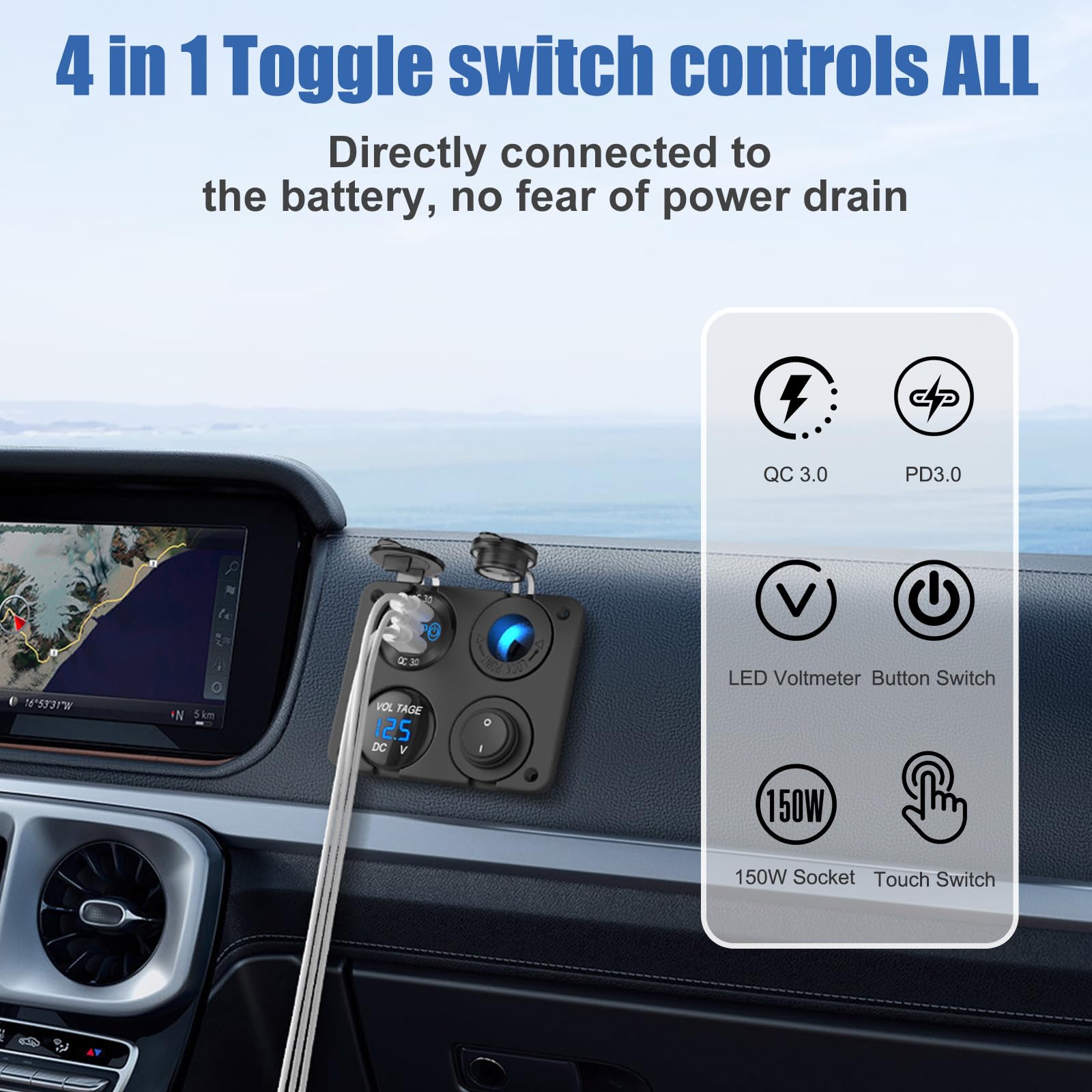 Presa USB 12Volt Accessorio per camper Pannello interruttore marino 12V, Doppio caricatore di alluminio con porta USB PD30W e QC18W, Presa accendisigari 150W, Voltmetro blu e interruttore a bilanciere
