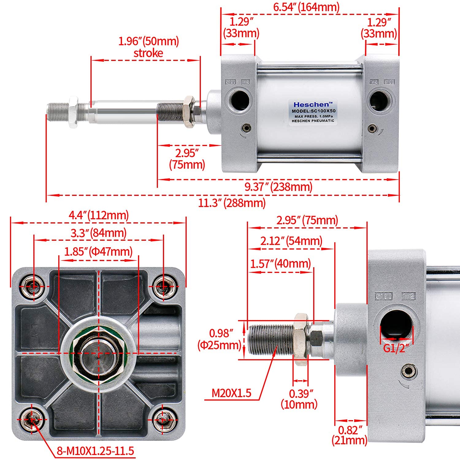 Heschen Pneumatic Standard Cylinder SC 100-50 PT1/2 Port 100mm(4") Bore 50mm(2") Stroke Double Acting