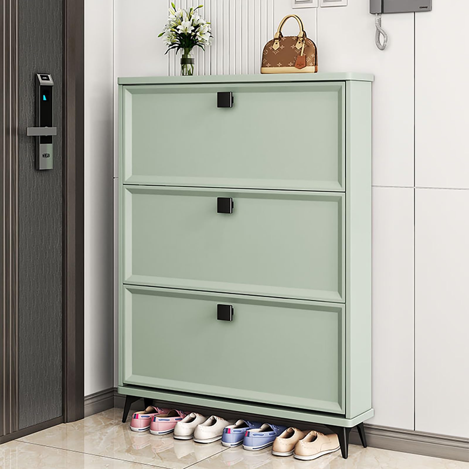 Zapatero Estrecho con Puertas y Estantes Ajustables Diseño Minimalista Armario Zapatero Ahorra Espacio Mueble Madera para Entrada Recibidor (verde60 cm/23,6")