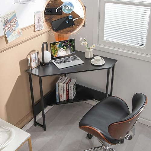 Miniatura 2 de COSTWAY Escritorio esquinero para computadora, con puertos USB y toma de corriente, estante de almacenamiento para espacios pequeños, escritorio