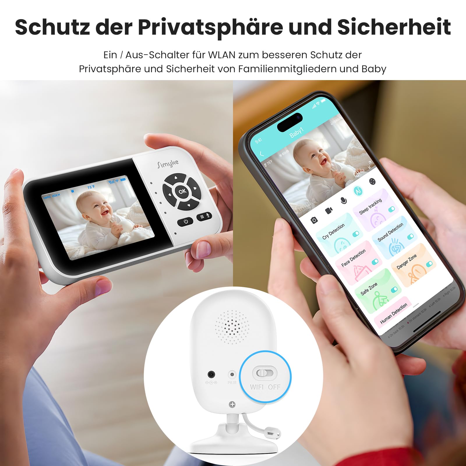 Generisch Simyke Babyphone, Dual-Modus Baby Monitor mit 1080p App & 2,8 Zoll Display, KI-Klang- und Bewegungserkennung, 10 Std. Streaming, 457 m Reichweite, Nachtsicht, Zwei-Wege-Kommunikation