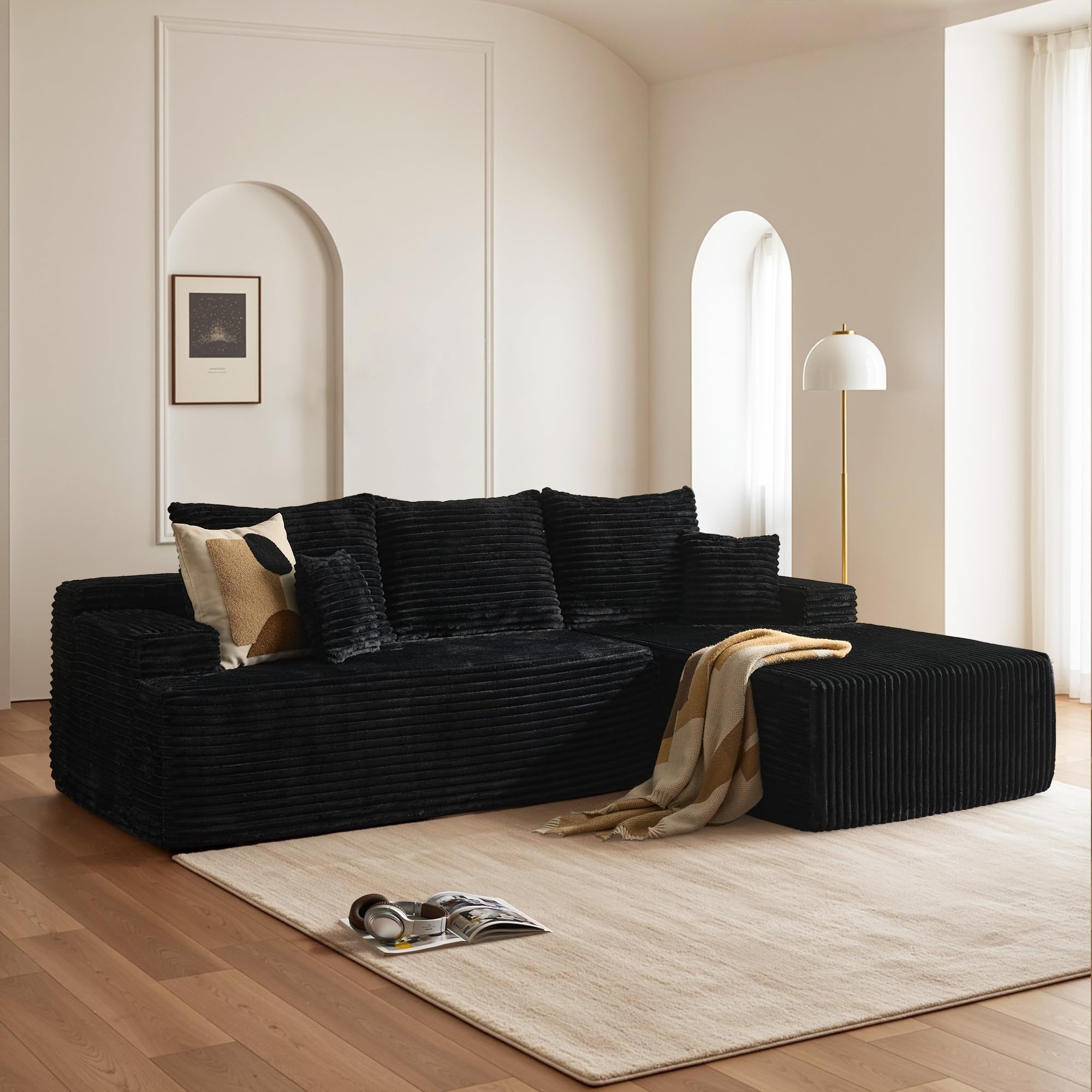 CAODOC 96" Cloud Sectional Couch with Comfy Chaise, Boneless L Shape Sofa with Deep Seat, Minimalist Modular Couches Sleeper for Living Room Bedroom Apartment Lounge,Black