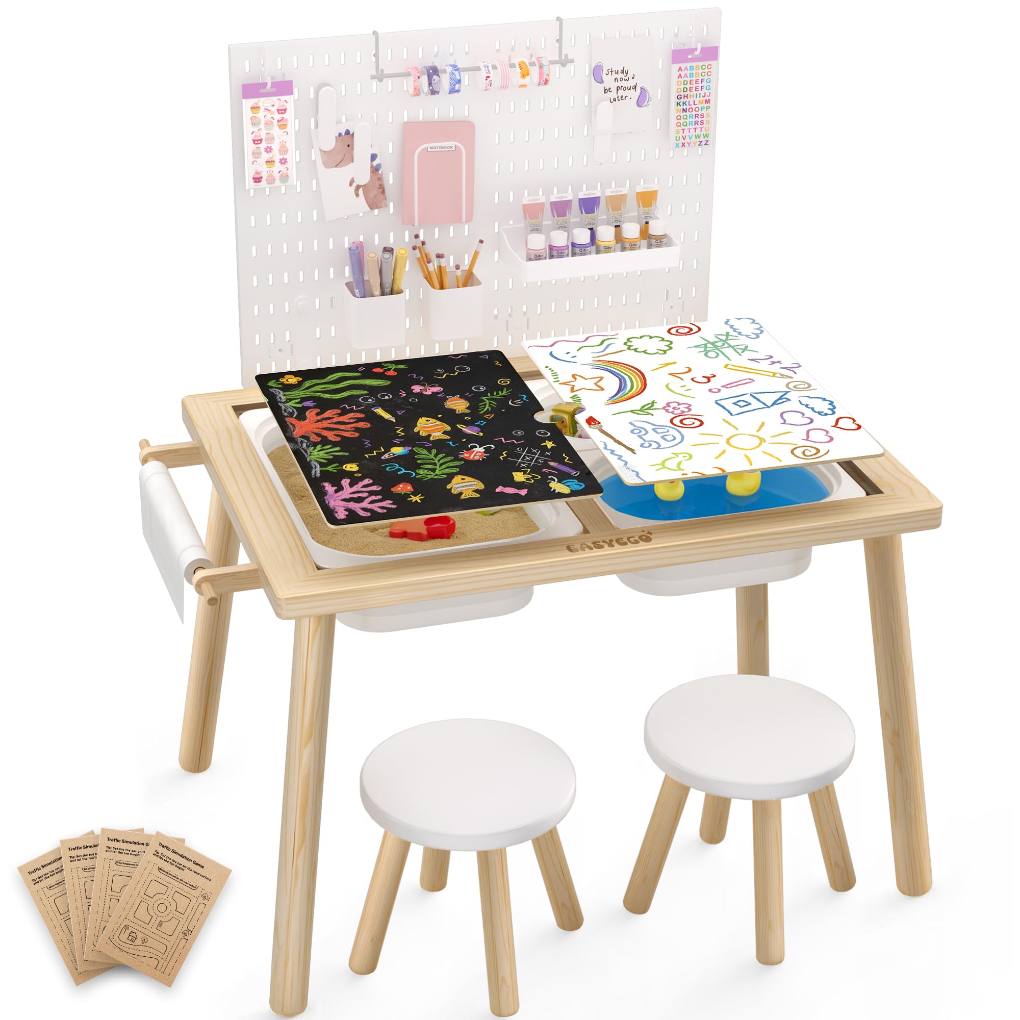Easyego Sensory Table for Toddlers Kids Play Wooden Sand Water Table with Can DIY Creation Pegboard &amp; Foldable Storage Bins for Indoor and Outdoor Use, Birthday Gifts for Boys and Girls - Wood Color