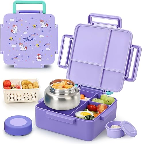 Miniatura 12 de Lonchera Bento para niños con termo, [Gran Capacidad] Lonchera aislada para niños con 4 compartimentos para mayores de 3 años, a prueba de caídas y