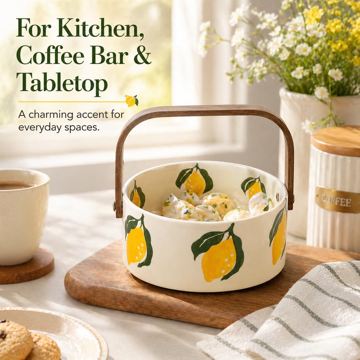 Lemon Decorative Ceramic Candy Bowl with Wooden Handle, 6.1 Inch Candy Dish for Fruit, Nuts and Snacks, Unique Fruit Bowl for Kitchen Countertop, Picnic, Camping, Summer Farmhouse Decor