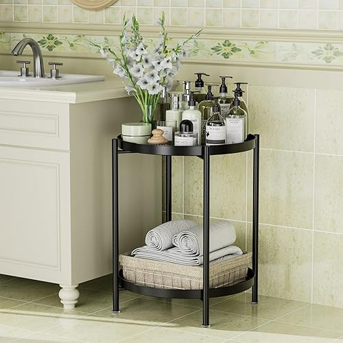 Miniatura 6 de OVICAR Mesa auxiliar de metal de 2 niveles, mesa auxiliar redonda de 2 niveles, mesa auxiliar para sofá, mesa auxiliar impermeable para interiores y