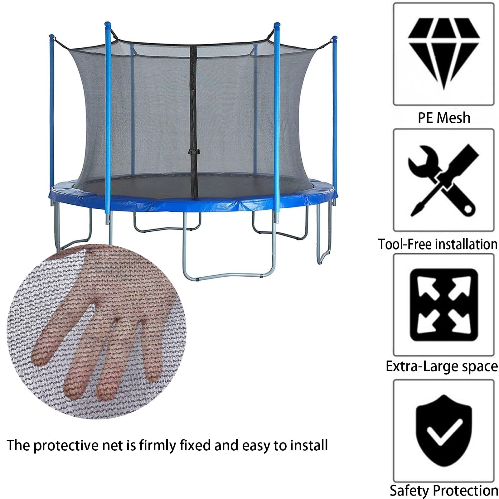 Rete di Ricambio per Trampolino, Rete di Sicurezza per Trampolino con Cinghie Regolabili E Cerniere, Rete di Sicurezza da 6/8/10/12/14/15 Piedi per Trampolini Rotondi a 6 Pali(10ft)