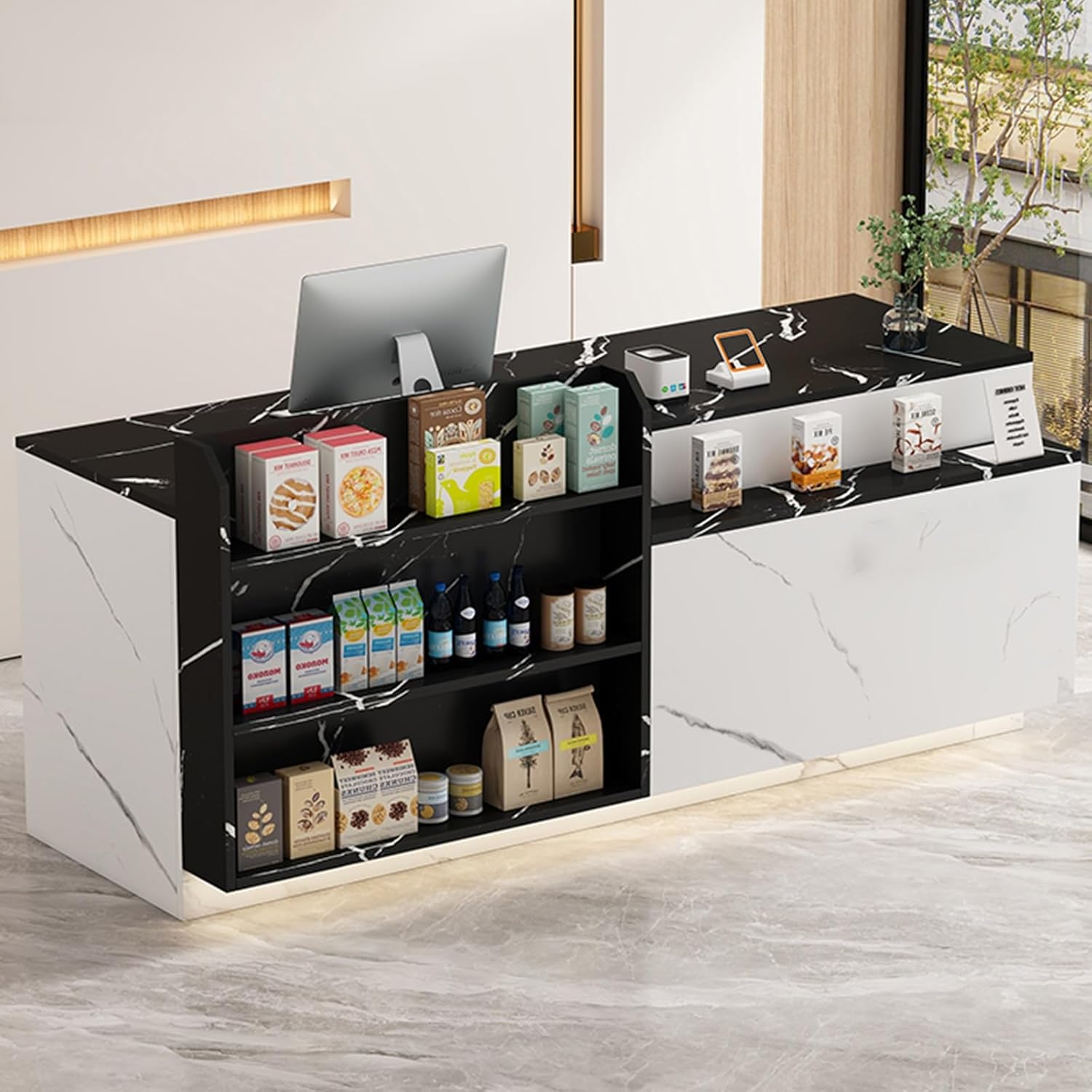 Reception Desk with Counter, Modern Retail Counter with Lockable Drawers, Lobby Retail Checkout Counter Table for Salon Reception Room Checkout Lobby(Multi-Colored+Black)