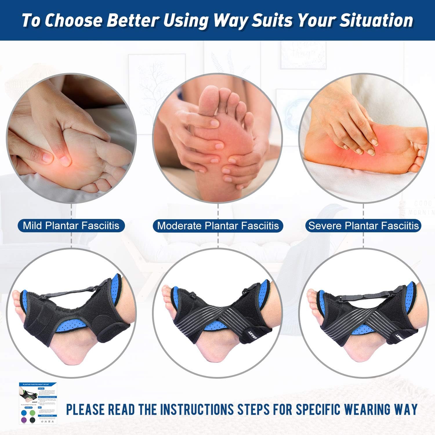 AiBast Plantar Fasciitis Night Splint, 2021 New Upgraded Blue Multi Adjustable Ankle Brace Foot Drop Orthotic Brace for Plantar Fasciitis, Arch Foot Pain, Achilles Tendonitis Support for Women Men : Health & Household