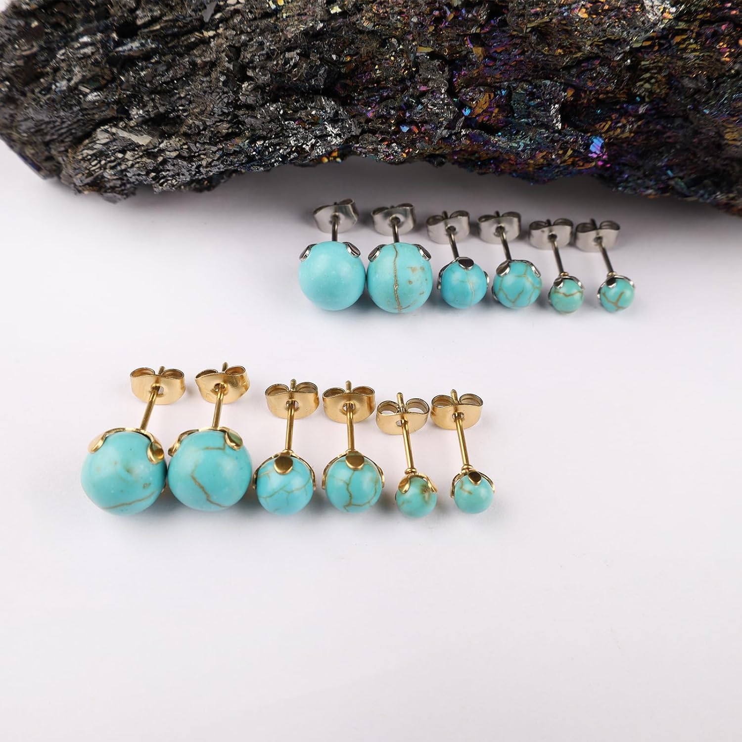6Pairs Natural Gemstone Round Bead Ball Stud Earrings Flat Back Tiger Eye Turquoise Agate Stone Stud Earrings for Women - Image 3