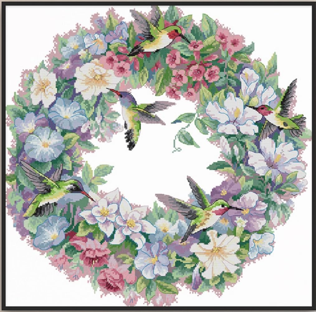 Qeerysew Cross Stitch Kits Stamped Full Range of Embroidery Starter Kits for Beginners DIY -Printed Kit The Art of Hummingbirds(2) 14CT 20×20inches