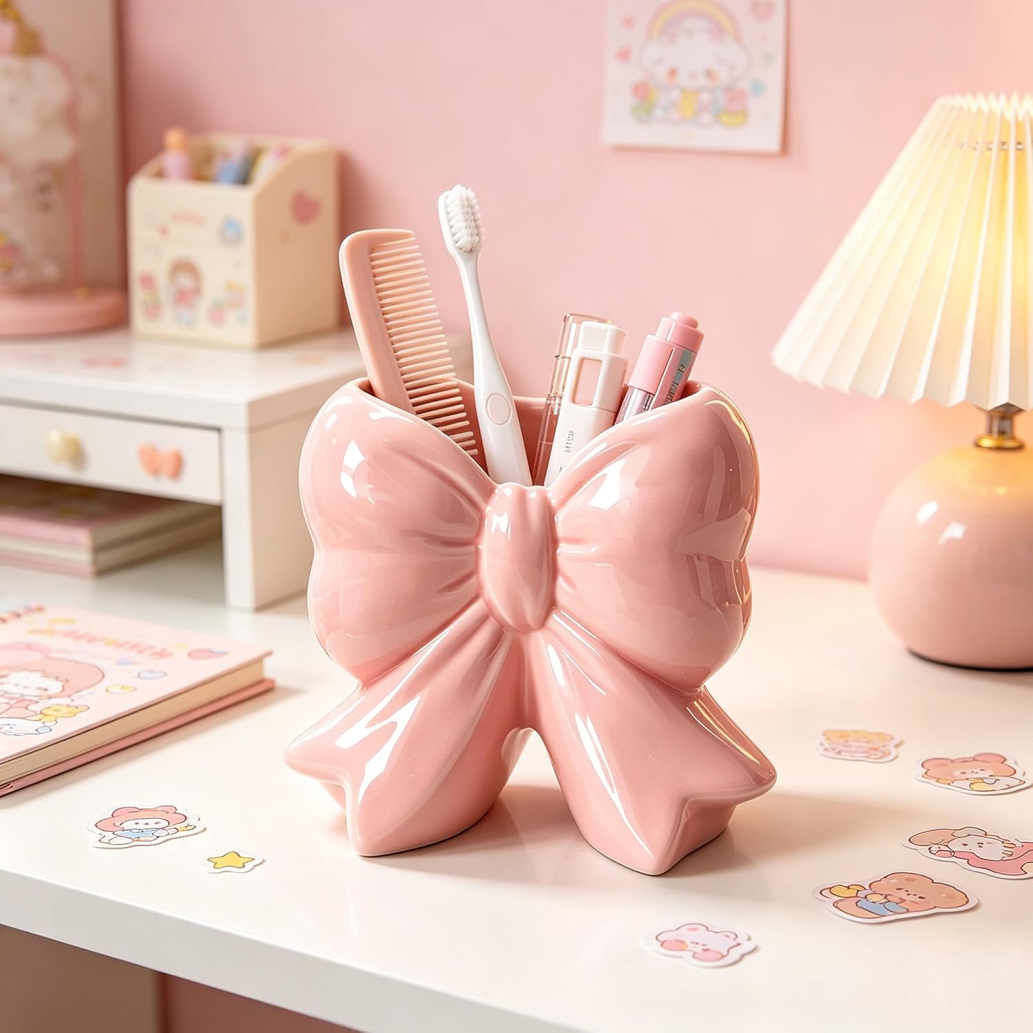 Pink Bow Toothbrush Holder for bathrooms, Cute Ceramic Multi-Purpose Organizer Decor for Bathroom Kitchen Office, Birthday Gift for Women