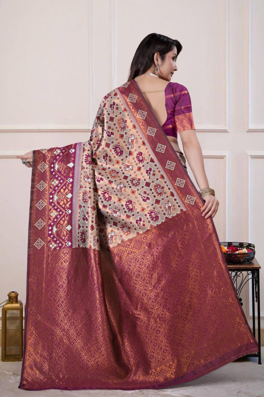 Patola Silk Saree for Women –Pink with Green Border & Zari Work | Traditional Patola Weaving with Elephant & Bird Motifs – Wedding & Festive Wear