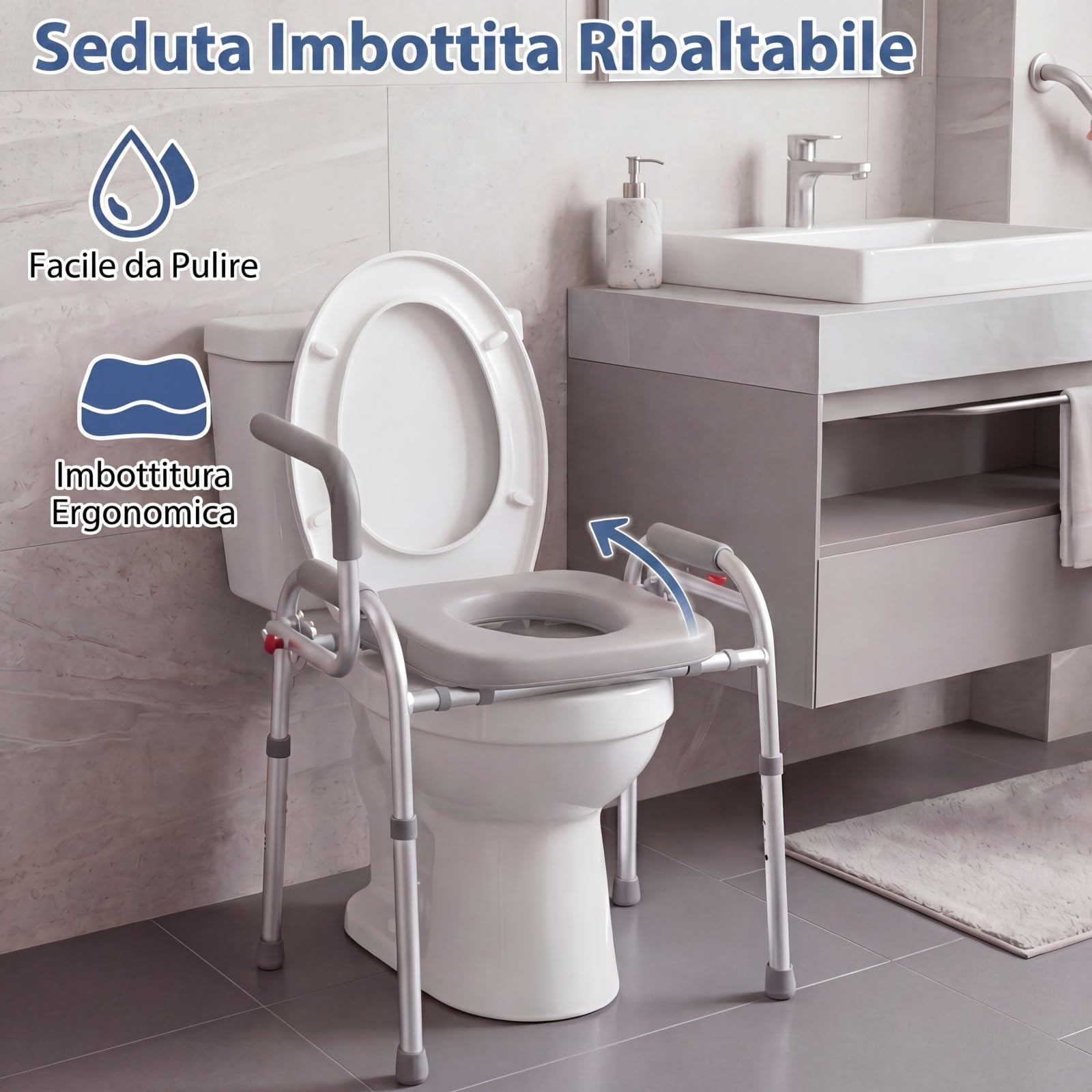 RELAX4LIFE Rialzo WC per Anziani, Lega di Alluminio, Maniglia Antiscivolo, Altezza Regolabile da 49 a 59 cm, Supporto per Doccino, Carico max. 136kg, Sedia WC Disabili