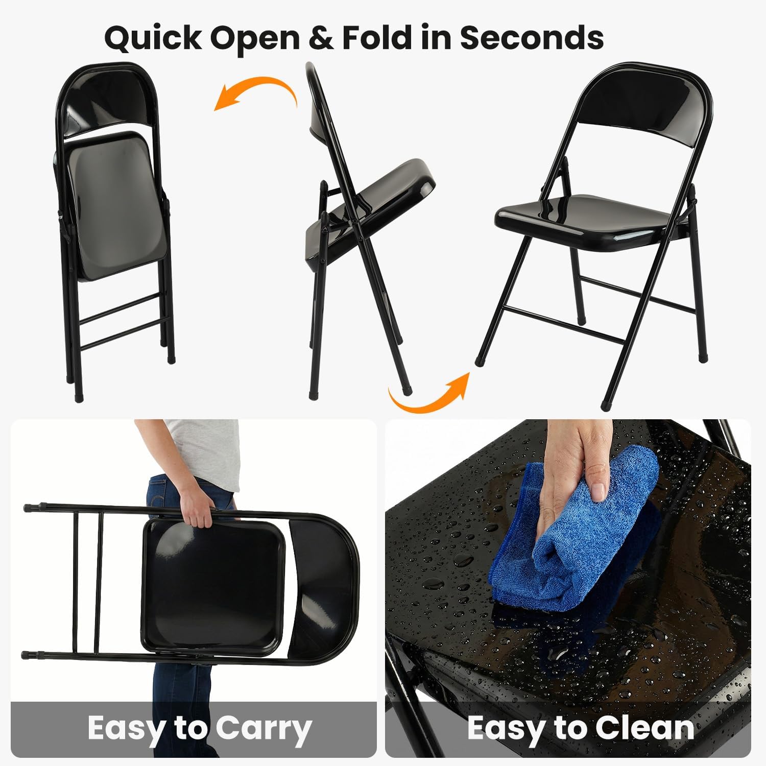 6 Pack All-Steel Metal Folding Chairs Set of 6, Black Heavy Duty Metal Foldable Dining Chair with Backrest, Hold Up to 350 LBS, Portable Fold Chair for Home and Office, Indoor & Outdoor Events