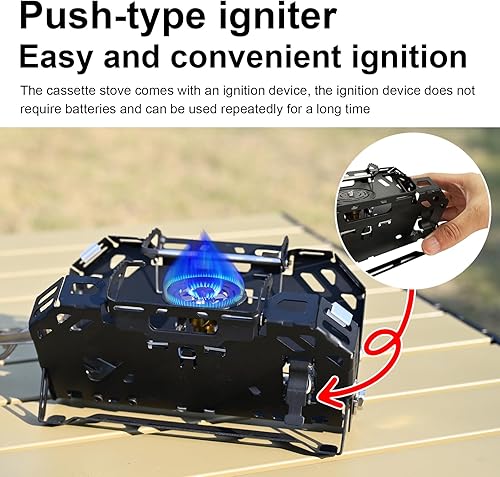 Miniatura 3 de Estufa portátil de butano para acampar 8190BTU Estufa de butano Peizo Click Ignition con bolsa de transporte Adaptador de isobutano Manguera
