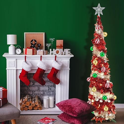 Miniatura 6 de Árbol de Navidad de oropel desplegable de 5 pies con 60 luces de cambio de color blanco cálido y multicolor, árbol de Navidad preiluminado con