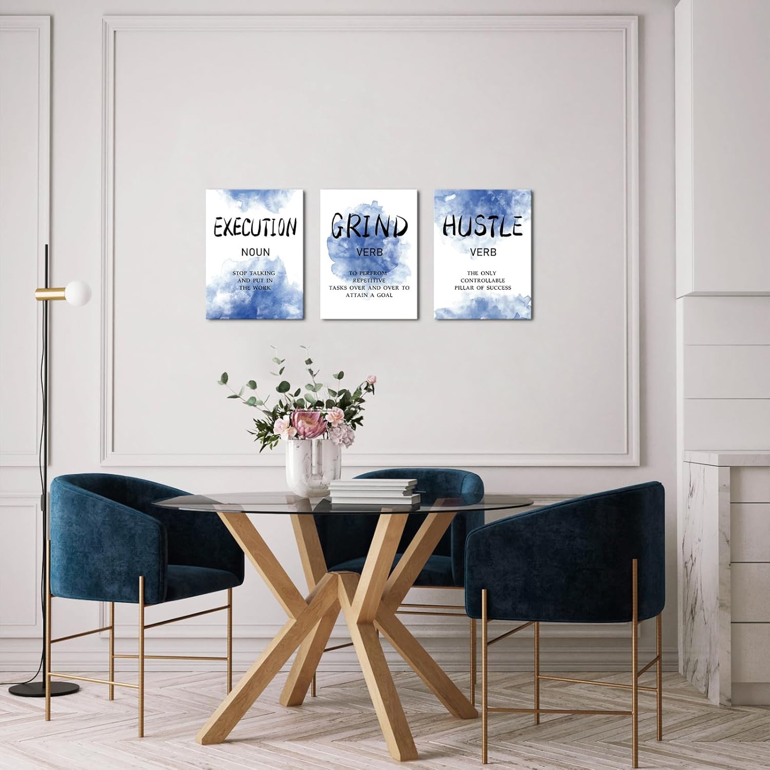 LoveHouse Grind Hustle Execution Motivational Office Wall Art Navy Blue Inspirational Quotes Home Office Positive Posters for Men/Women Encouraging Artwork Prints