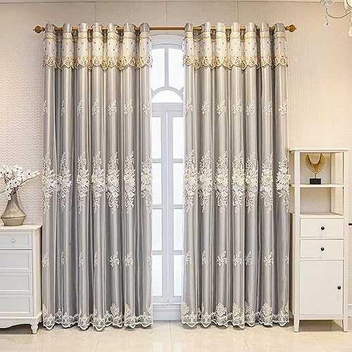 Miniatura 2 de Amidoudou 1 par de cortinas europeas de lujo con cenefa para sala de estar, dormitorio, cortinas bordadas de doble capa (gris, 52 x 96 pulgadas)