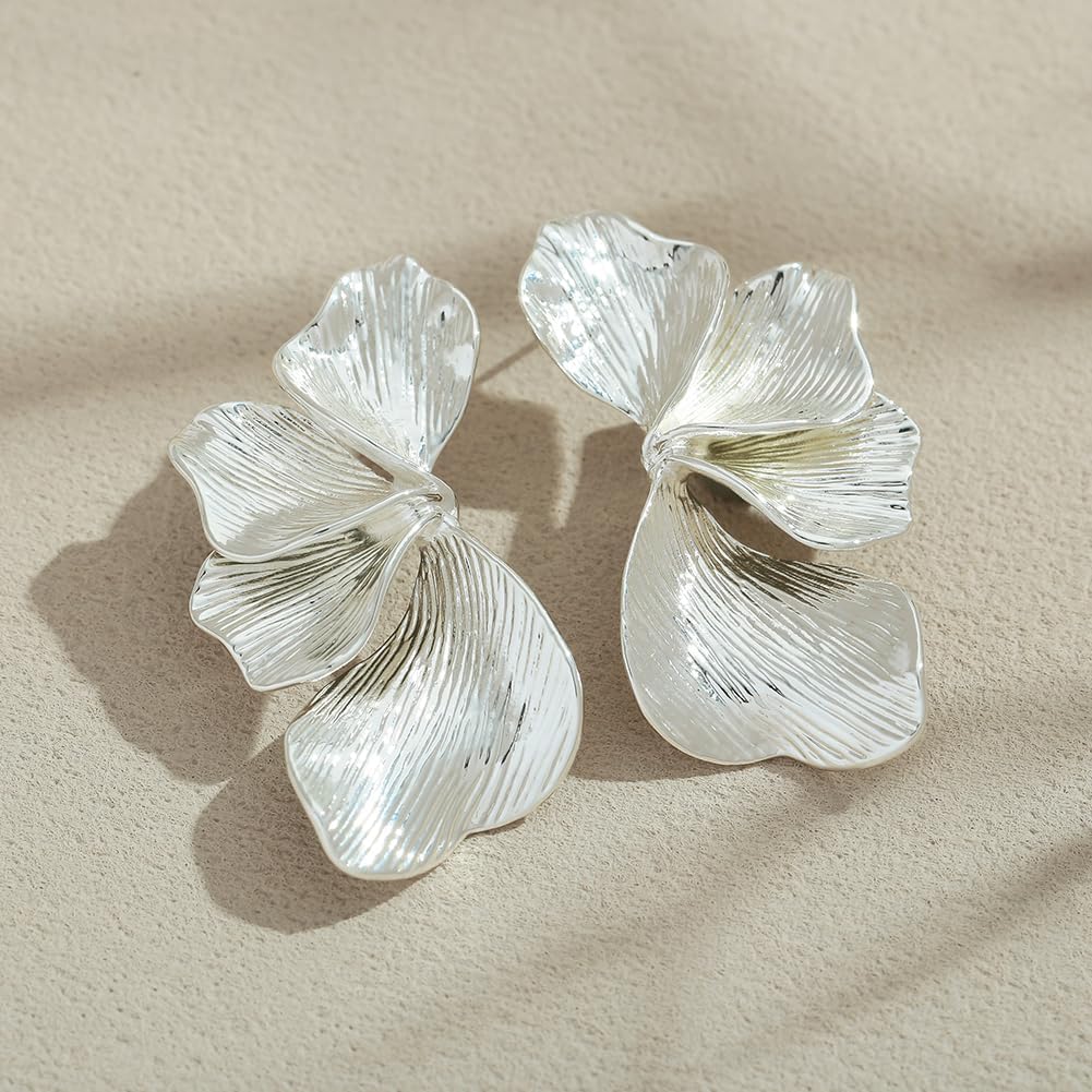 Chunky Gold Statement Earrings For Women Gold Plated Sectored Flower Leaf Shell Angel Wing Earrings Trendy Boho Jewelry For Women Large Stud Earrings Hypoallergenic Earrings - Image 5