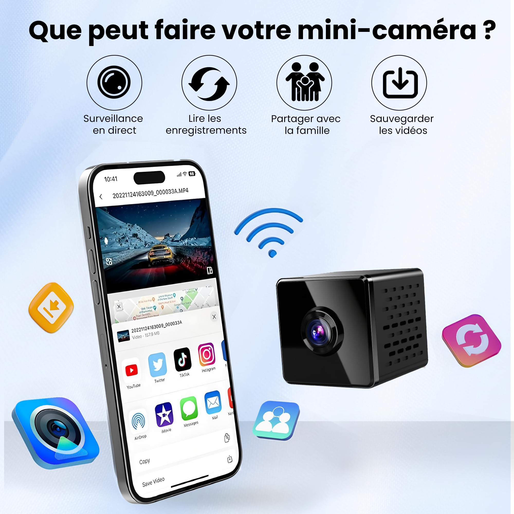 Caméra Espion Mini 4K Vision Nocturne WiFi - Caméra de Sécurité Intérieure Détection de Mouvement - Stockage Cloud Carte SD Batterie Intégrée