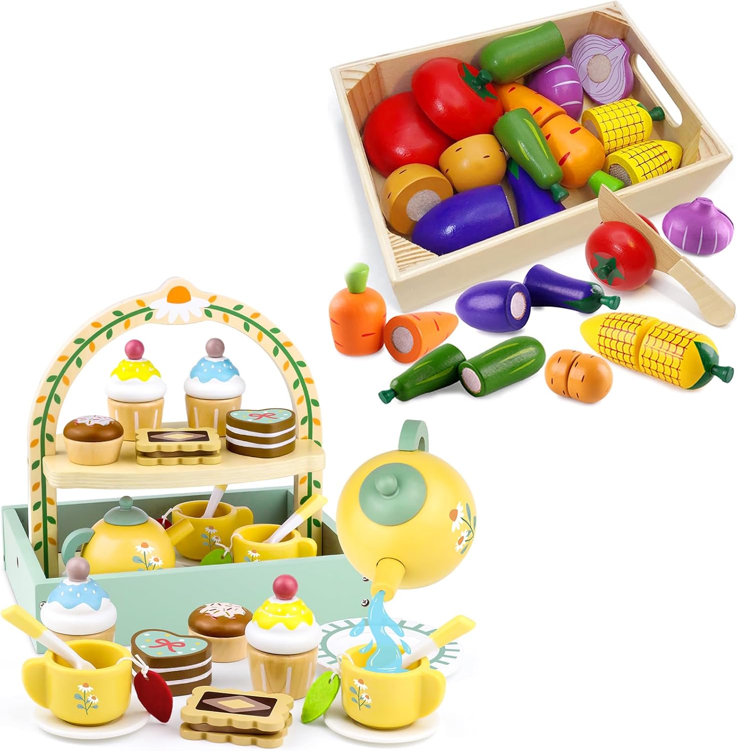 Wooden Play Food Vegetables Toy and Wooden Tea Party Set, Picnic Tea Party Set