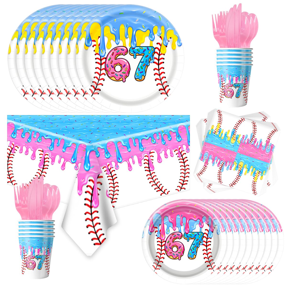 81pcs Six Seven Ice Cream Drip Baseball Birthday Tableware Plates Napkins Tablecloth Cups Knives Spoons Forks Decro,Baseball 67Meme Ice Cream Drip