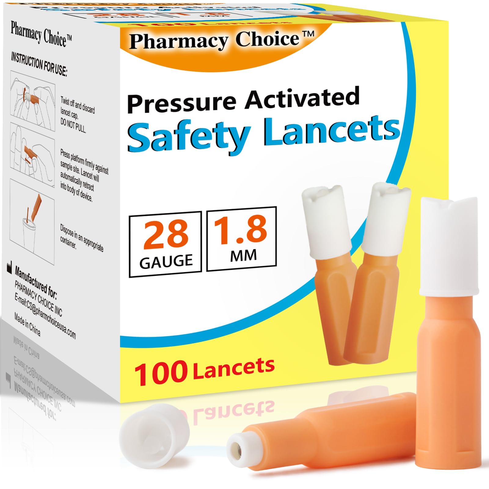Safety Lancets, Sterile, Top Push Button Activated, Single-Use,1.8 mm, 100 Count, 1 Pack (28G x 1.8 mm)