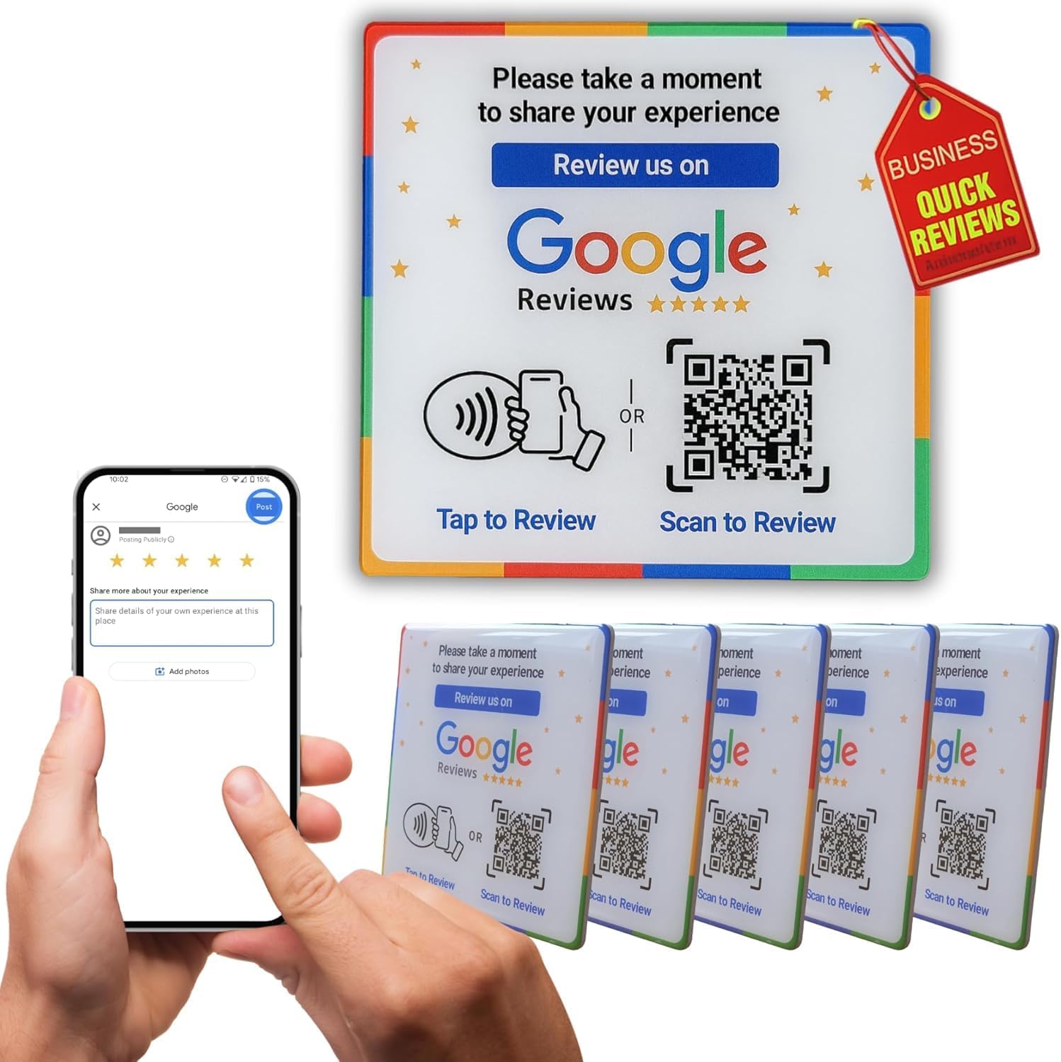 NFC Tap GoogleReview Plate - Boost Customer Feedback with Tag & Scan QR - No App, No Subscription - Works on iPhone & Android (Square - 4.72" - 5 Pack)