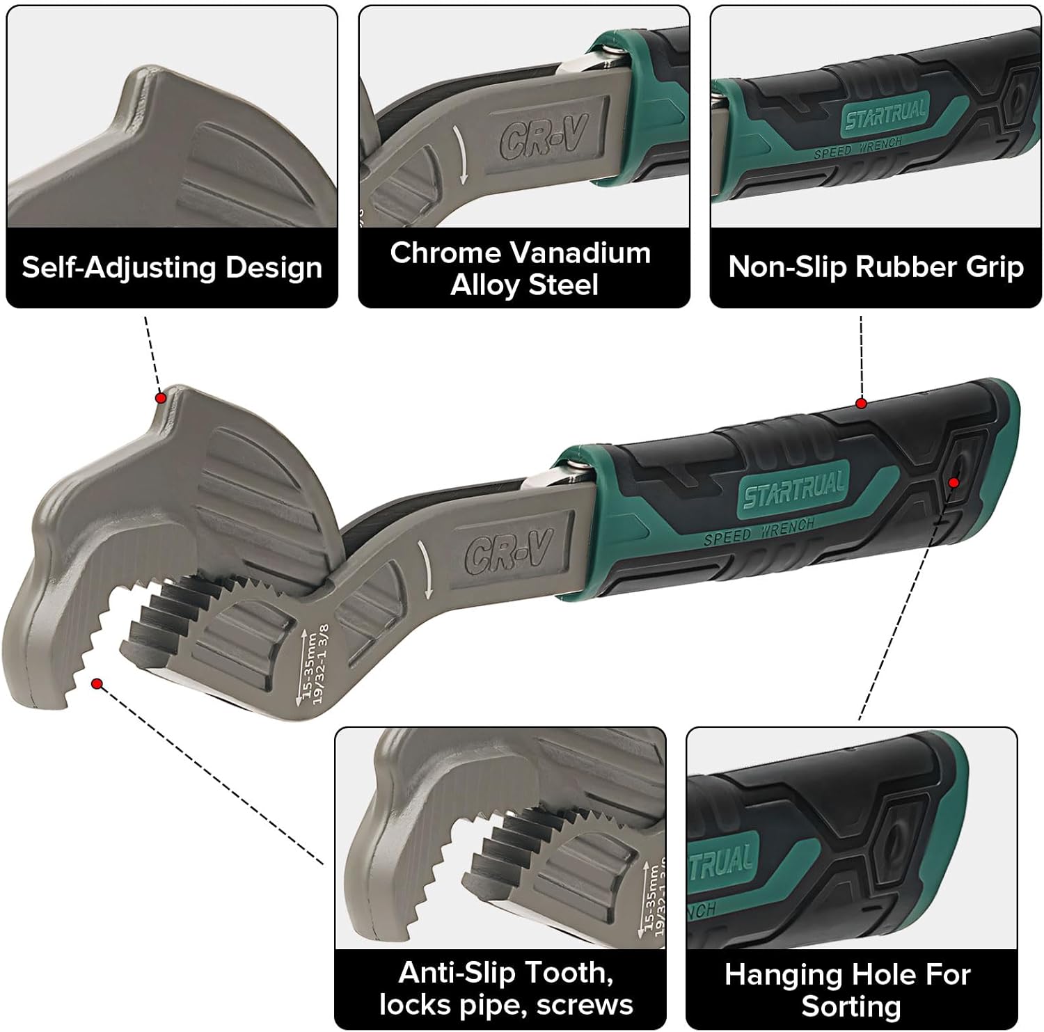 6” 8” 10” Self Adjustable Pipe Wrench Set, Chrome Vanadium Steel, Plumbers Wrench, Pipe Vise Wrench with Self Locking Function for 9/32”-1 3/8” (7-35mm) pipes and nuts