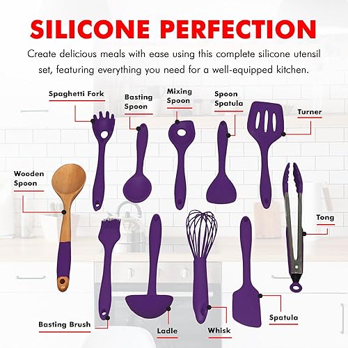 Miniatura 4 de Chef Craft Juego de utensilios y utensilios de cocina de silicona premium, 11 piezas, color morado