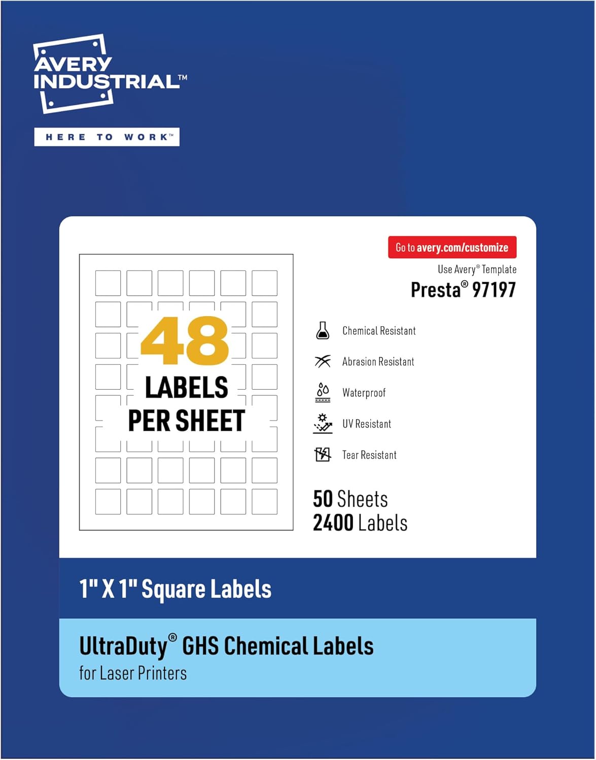 Avery UltraDuty GHS Labels, Waterproof, 1 X 1" White Square Labels , 2400 Total, Use with Laser Printers