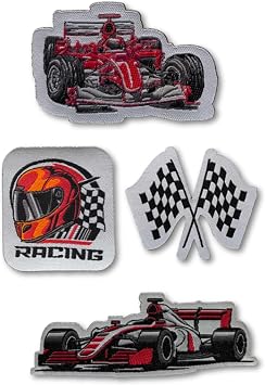Formula Cars F1 Racing Iron-On Patches Set 4pcs Embroidered Applique for Jackets, Backpacks, Jeans Helmet & Checkered Flags Motorsport Theme Easy Heat Press