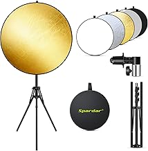 Spardar 110CM 5 in 1 Reflektor Mit Stativ, Runder Faltreflektor (Diffusor und Gold/Silber/Weiß/Schwarz Reflektor Fotografie) Mit Reflektorhalter und 200cm ausziehbarem Halterung für Studio Fotografie
