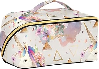 ALAZA Travel Makeup Bag, Unicorn Flowers Gold...