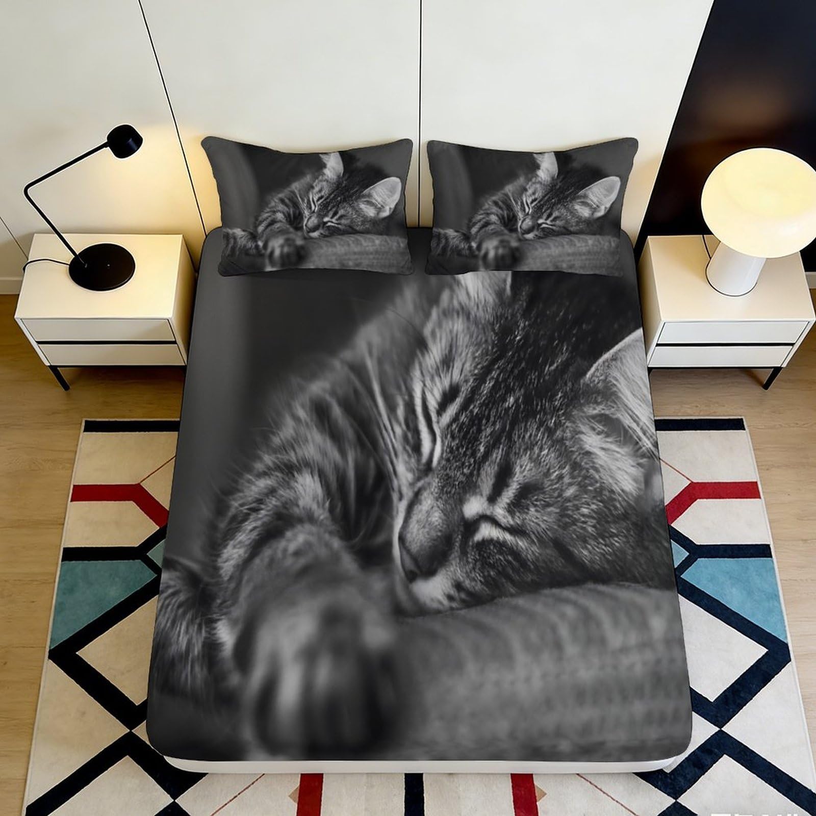 3D Printed Sleeping Cat Fitted Sheet Microfiber Soft Decor Kitten Bed Cover for Bedroom Guest Room Protection 90x200x25cm