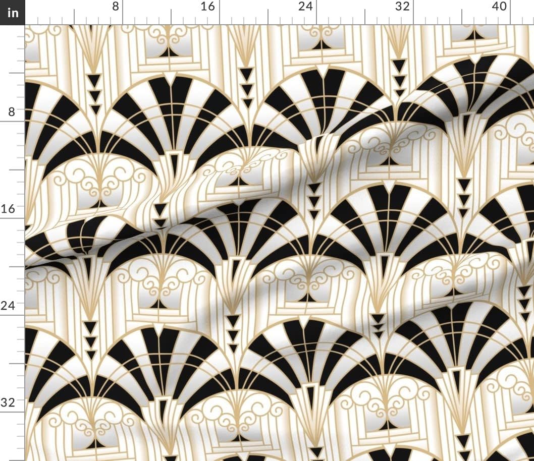 Spoonflower Fabric - 20S Architecture Line Art Black White B&W Golden Arches Fan Retro Printed on Petal Signature Cotton Fabric by The Yard - Sewing Quilting Apparel Crafts Decor