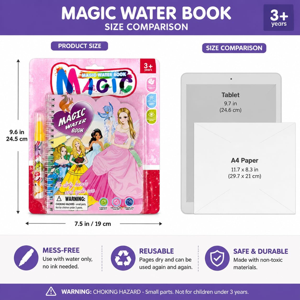zreboeim Magic Water Coloring Book for Girls, Princess Themed Reusable Water Doodle Book with Pen, Mess-Free Painting Activity Toy for Toddlers Kids Ages 3+ Educational Travel Gift image 5