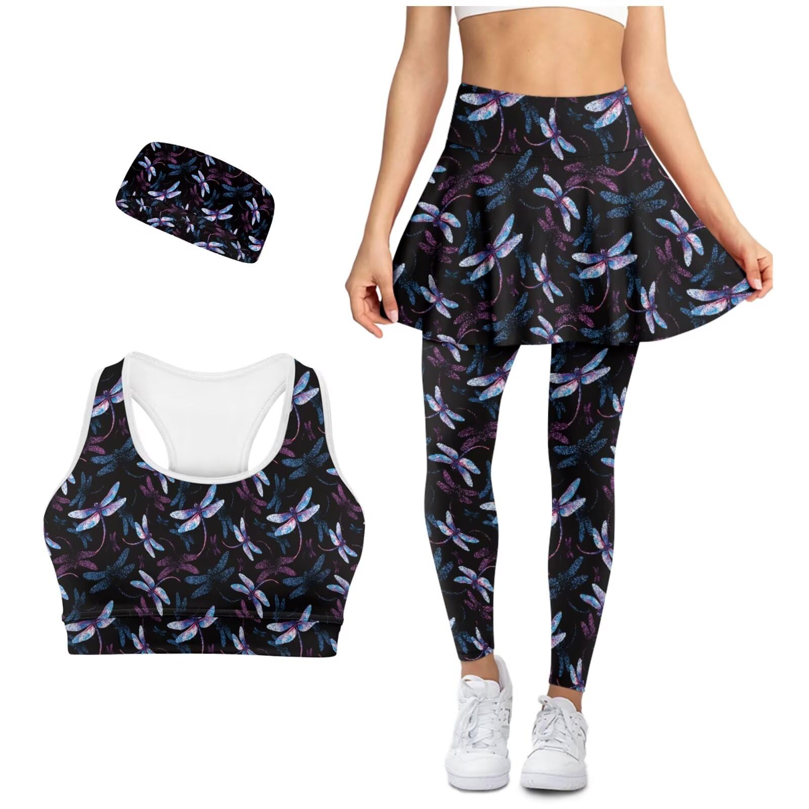 Womens Workout Sets Yoga Outfits Activewear Skirts with Leggings Sports Bra with CellPhone Pockets