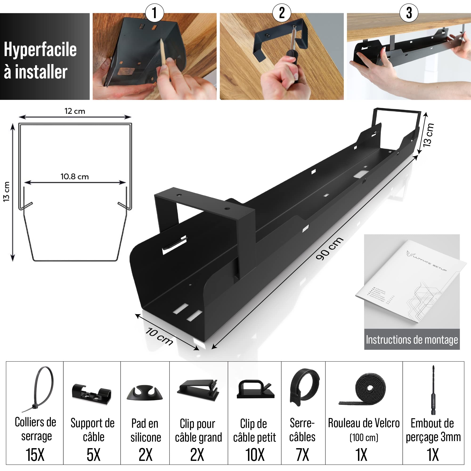 Cache Cable Ultimate Setup®- Faire Facilement disparaître Les câbles avec Le Passe Cable Bureau- Cable Management PC Efficace- Rapide Range Cable sous Bureau