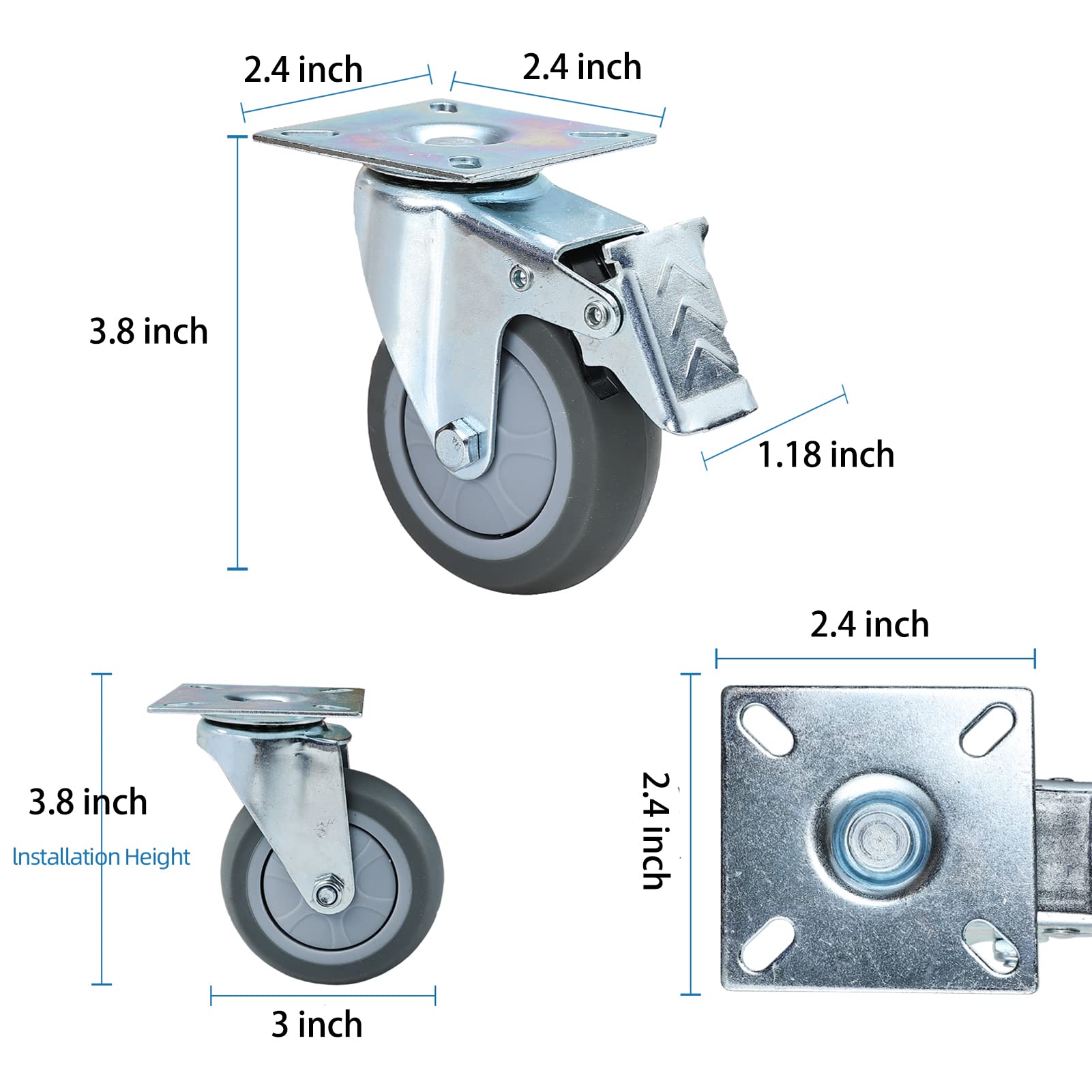 3 Inch Swivel Caster Wheels Set of 4 Heavy Duty Swivel Plate Casters
